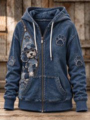 Women's Peeking Poodle Dog & Paw Prints Zipper Patchwork Print Full Zip Hoodie