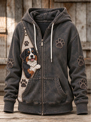 Women's Peeking Bernese Mountain Dog & Paw Prints Zipper Patchwork Print Full Zip Hoodie