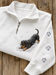 Women's Snowy Winter Dachshund Dog In the Snow Print Zip Up Sweatshirt