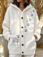 Women's Winter Bichon Frise Pattern Causal Composite Fleece Long Coat