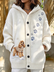 Women's Winter Cocker Spaniel Pattern Causal Composite Fleece Long Coat