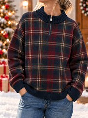 Women's Christmas Plaid Zipper Sweater