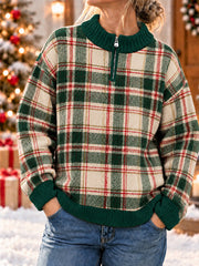 Women's Christmas Plaid Zipper Sweater