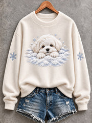 Women's Snowy Winter Maltese Dog In the Snow Print Flannel Sweatshirt