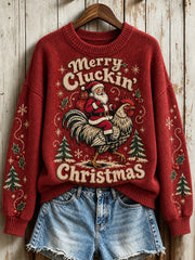 Women's Merry Cluckin' Christmas fun slogan with rooster pattern design casual sweater