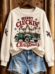 Women's Merry Cluckin' Christmas fun slogan with rooster pattern design casual sweatshirt