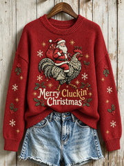 Women's Merry Cluckin' Christmas fun slogan with rooster pattern design casual sweater
