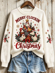 Women's Merry Cluckin' Christmas fun slogan with rooster pattern design casual sweater