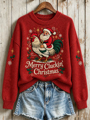 Women's Merry Cluckin' Christmas fun slogan with rooster pattern design casual sweater