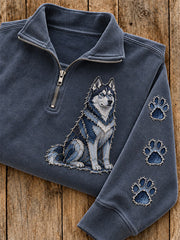 Women's Patchwork Husky Dog & Paw Print Zip Up Sweatshirt