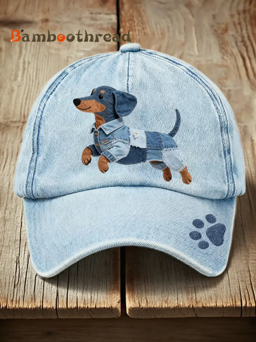 Unisex Denim Patchwork Dachshund Dog Pattern Hat Blue / ONE