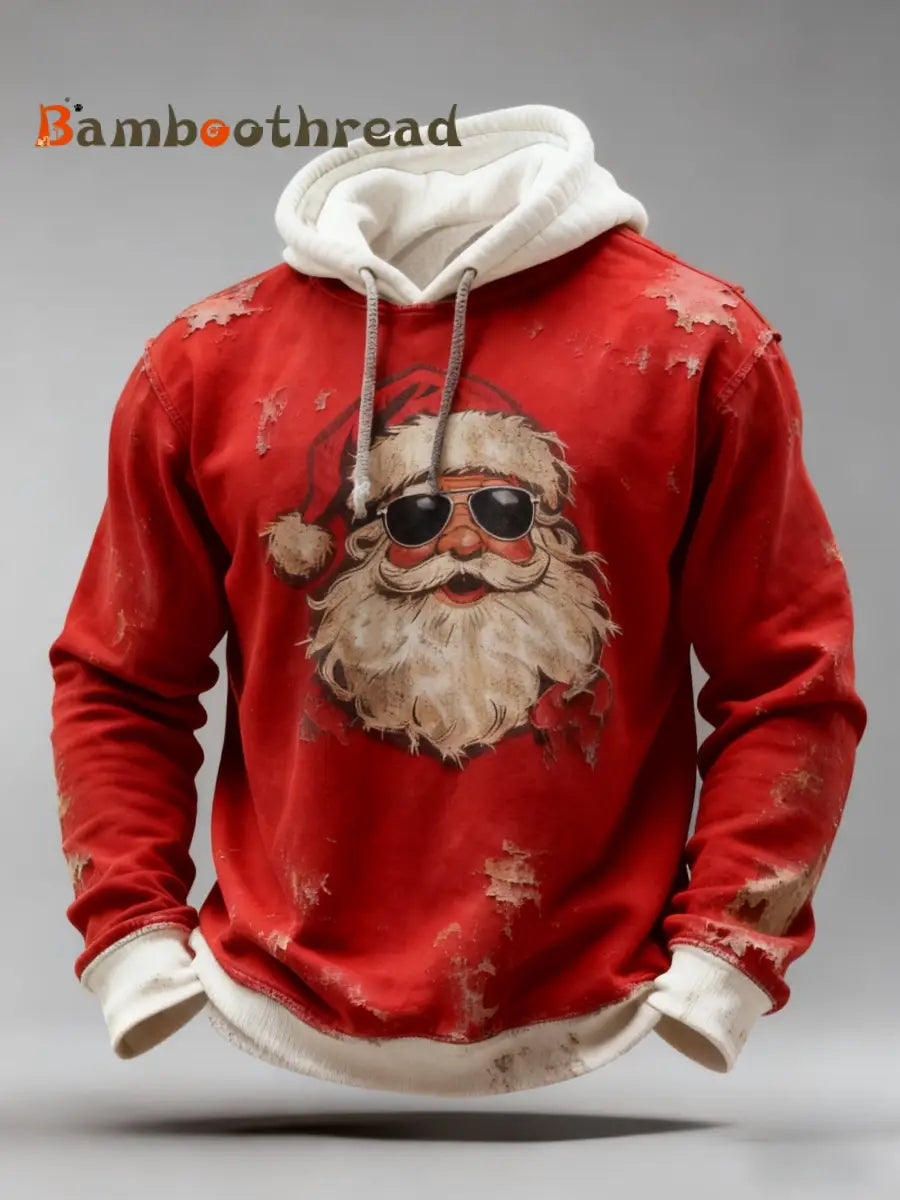 Vintage Christmas Sunglasses Santa Claus Distressed Patchwork Print Casual Long Sleeve Hooded Sweatshirt Red / S