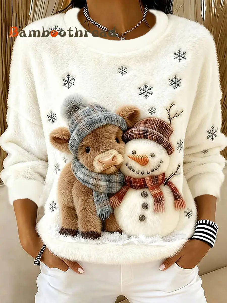 Winter Highland Cow Snowman Print Flannel Sweatshirt White / S