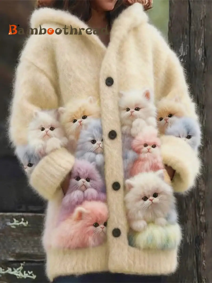 Women’s Animal Cat Print Flannel Warm Jacket Apricot / S