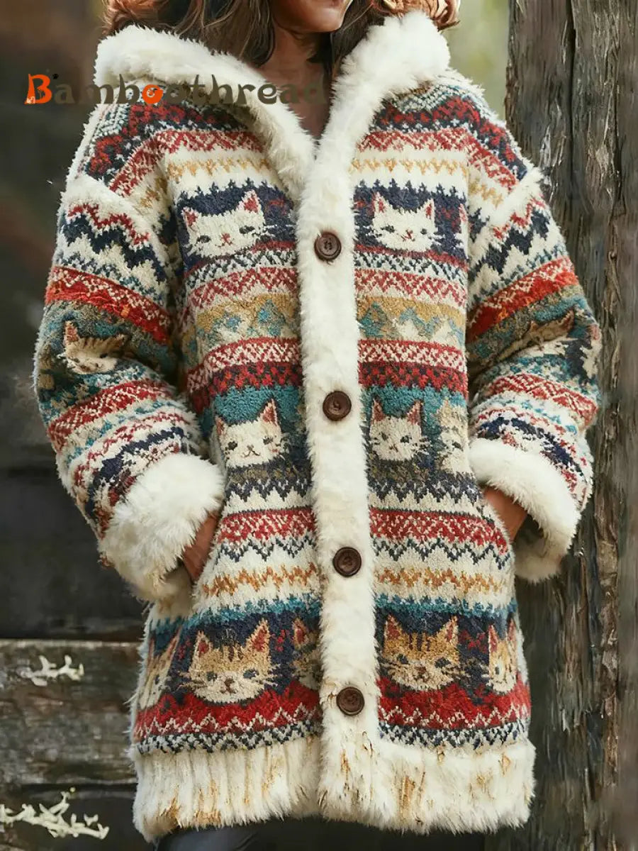 Women’s Animal Cat Print Flannel Warm Jacket As picture / S