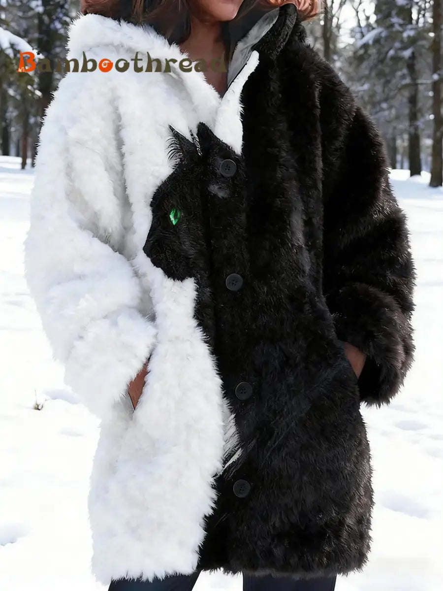 Women’s Animal Cat Print Flannel Warm Jacket As picture / S