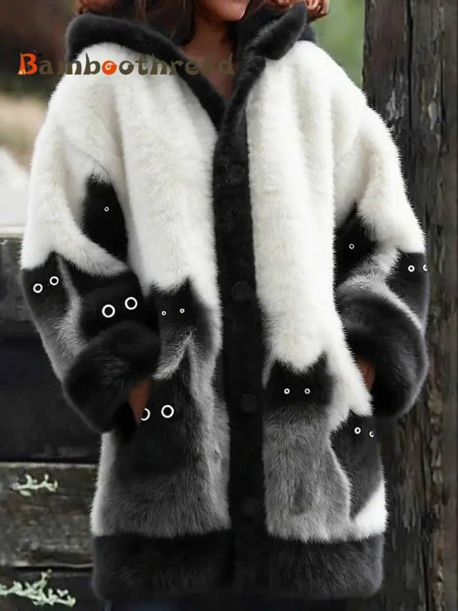 Women’s Animal Cat Print Flannel Warm Jacket As picture / S