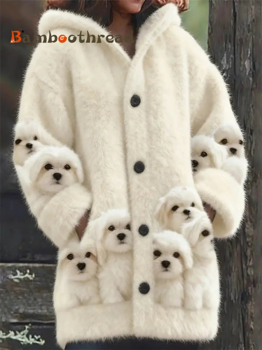 Women’s Animal Dog Print Flannel Warm Jacket As picture / S