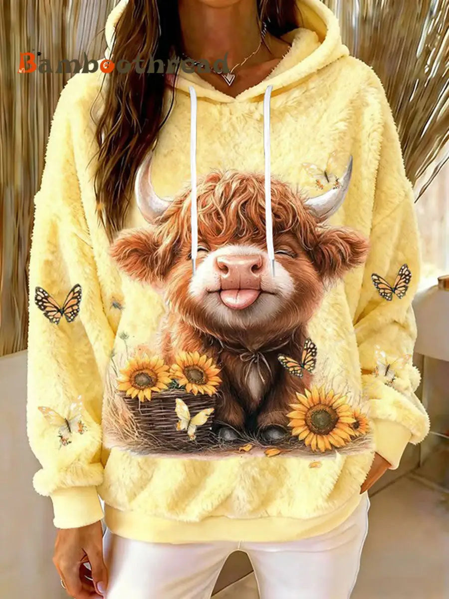 Women’s Animal Highland Cow Art Print Flannel Hoodie Yellow / S