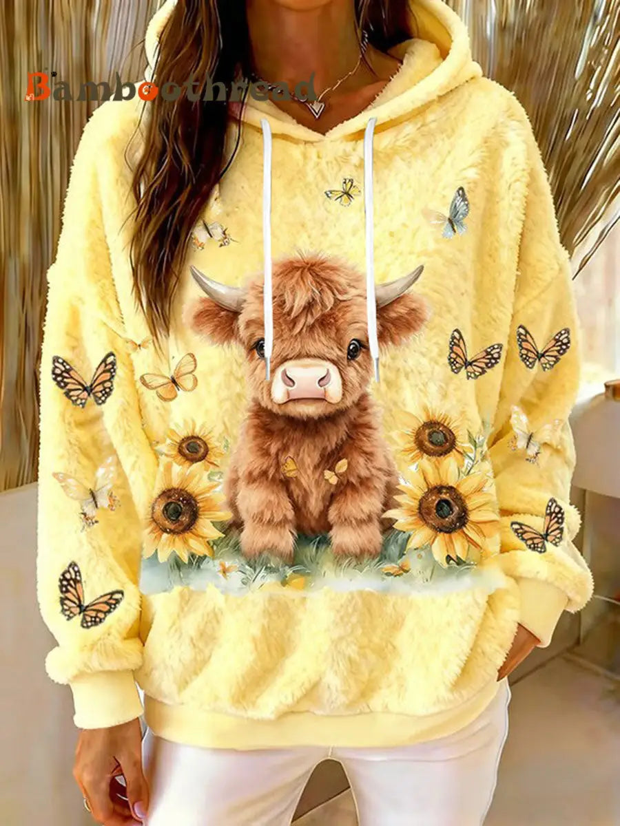 Women’s Animal Highland Cow Art Print Flannel Hoodie Yellow / S