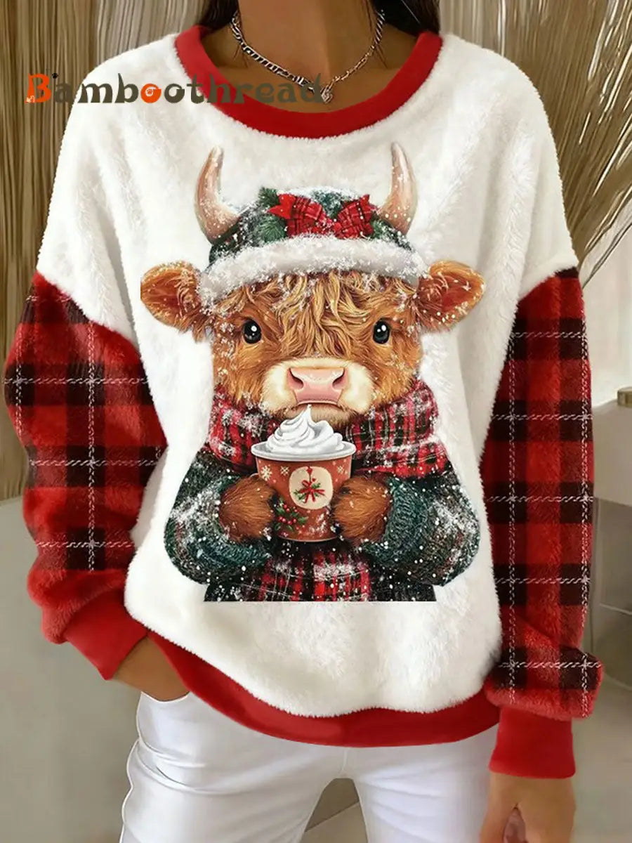 Women’s Animal Highland Cow Art Print Flannel Sweatshirt As picture / S