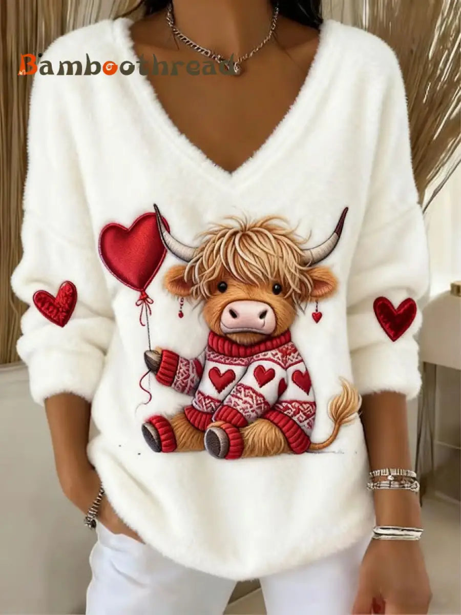 Women’s Animal Highland Cow Art Print Flannel Sweatshirt White / S