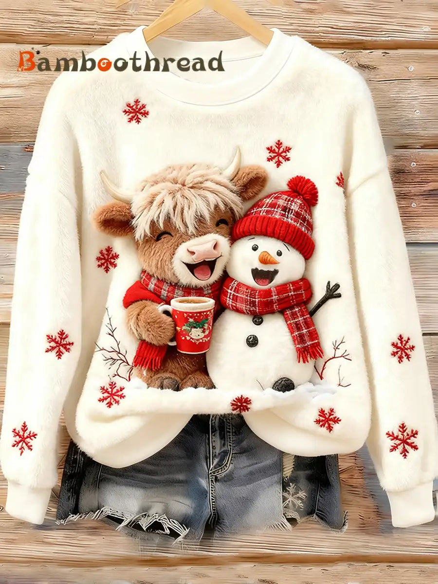 Women’s Animal Highland Cow Yeti Print Flannel Hoodie White / S