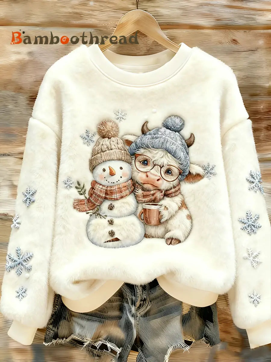 Women’s Animal Highland Cow Yeti Print Flannel Hoodie White / S