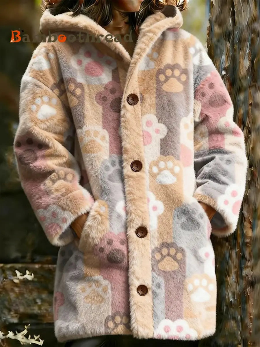 Women’s Animal Paw Print Flannel Warm Jacket As picture / S