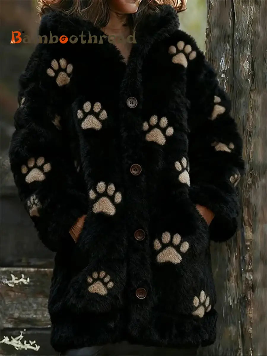 Women’s Animal Paw Print Flannel Warm Jacket Black / S