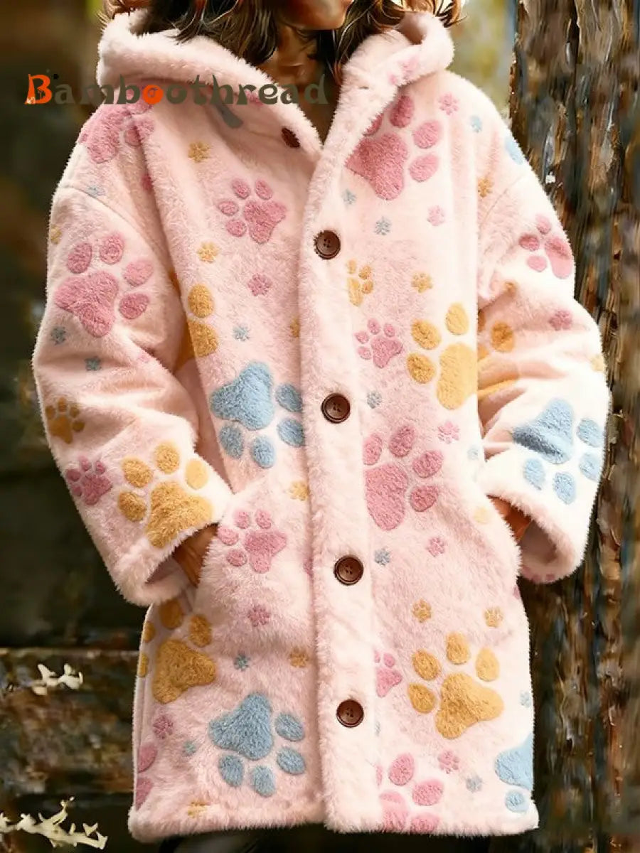 Women’s Animal Paw Print Flannel Warm Jacket Pink / S