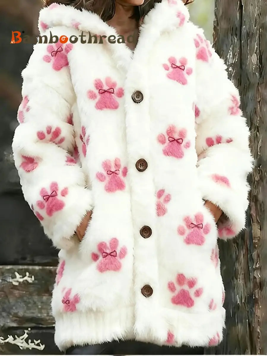 Women’s Animal Paw Print Flannel Warm Jacket White / S