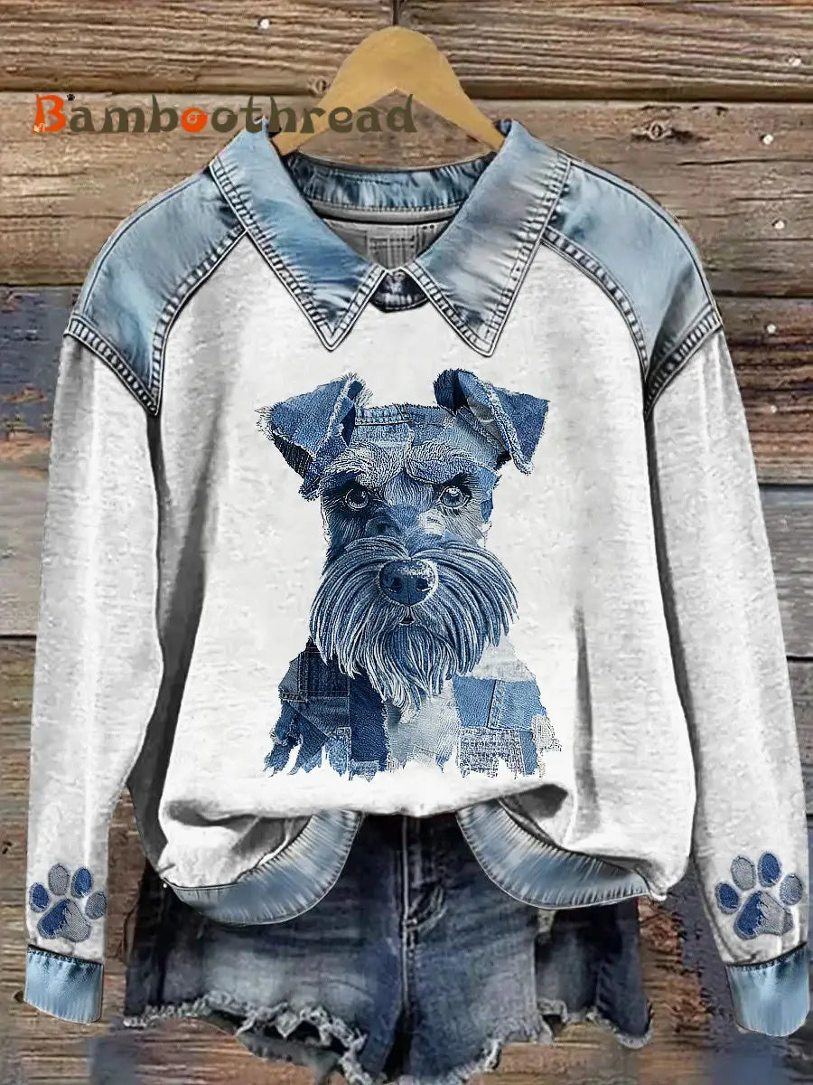 Women’s Animal Print Patchwork Lapel Long Sleeved Sweatshirt Light Blue / S