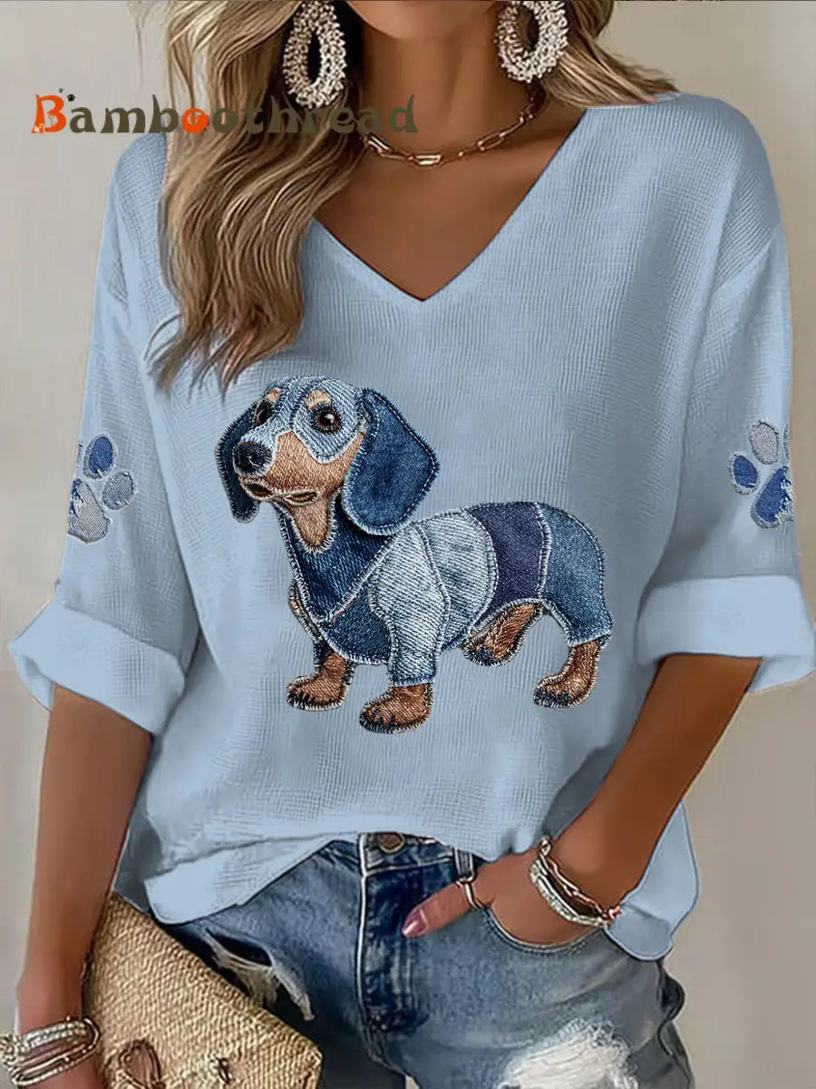 Women’s Animal Print V-neck Mid-Sleeve printed Casual T-shirt Blue / S