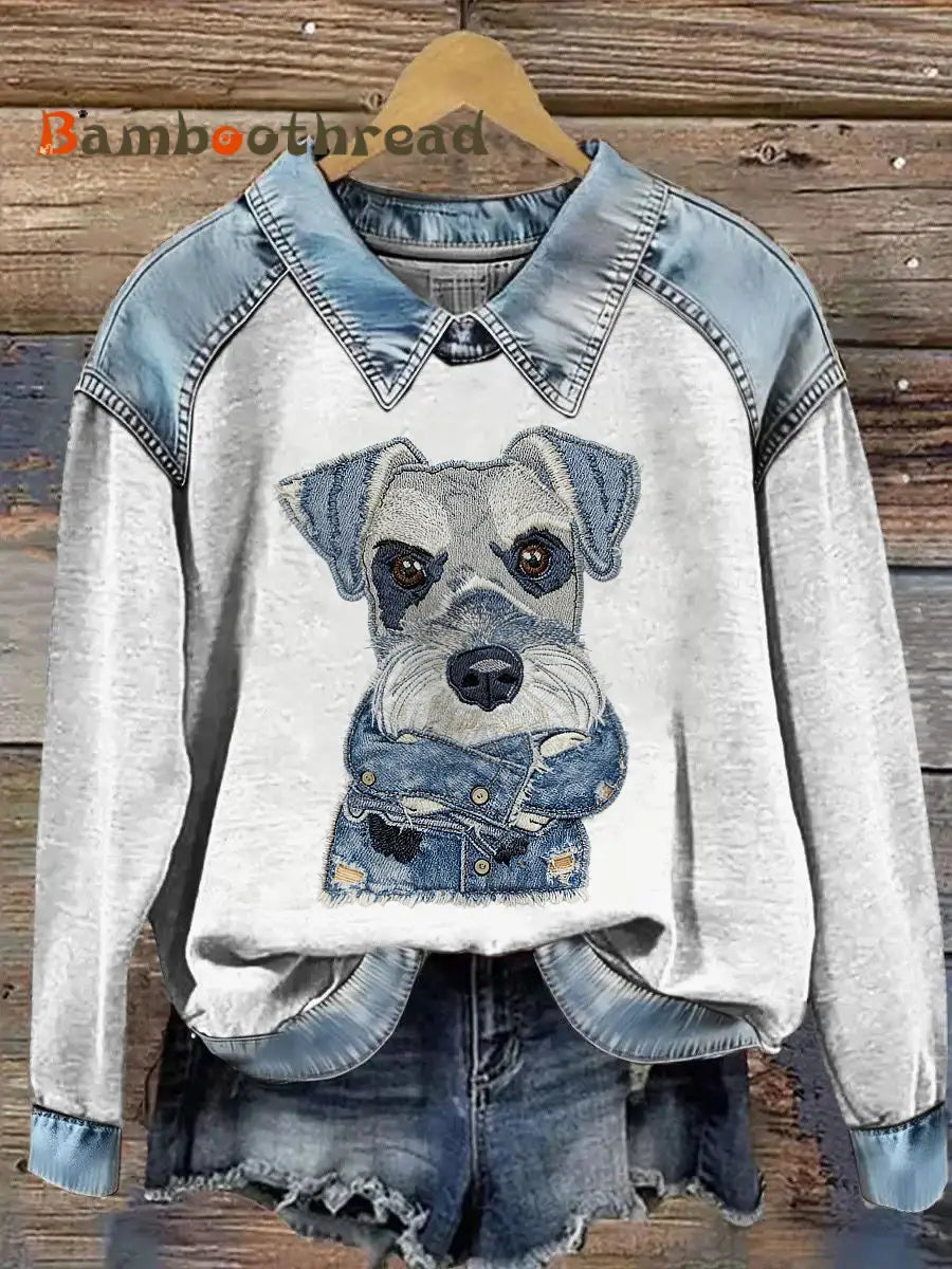 Women’s Animal Printed Denim Patchwork Lapel Long Sleeved Sweatshirt Light Gray / S
