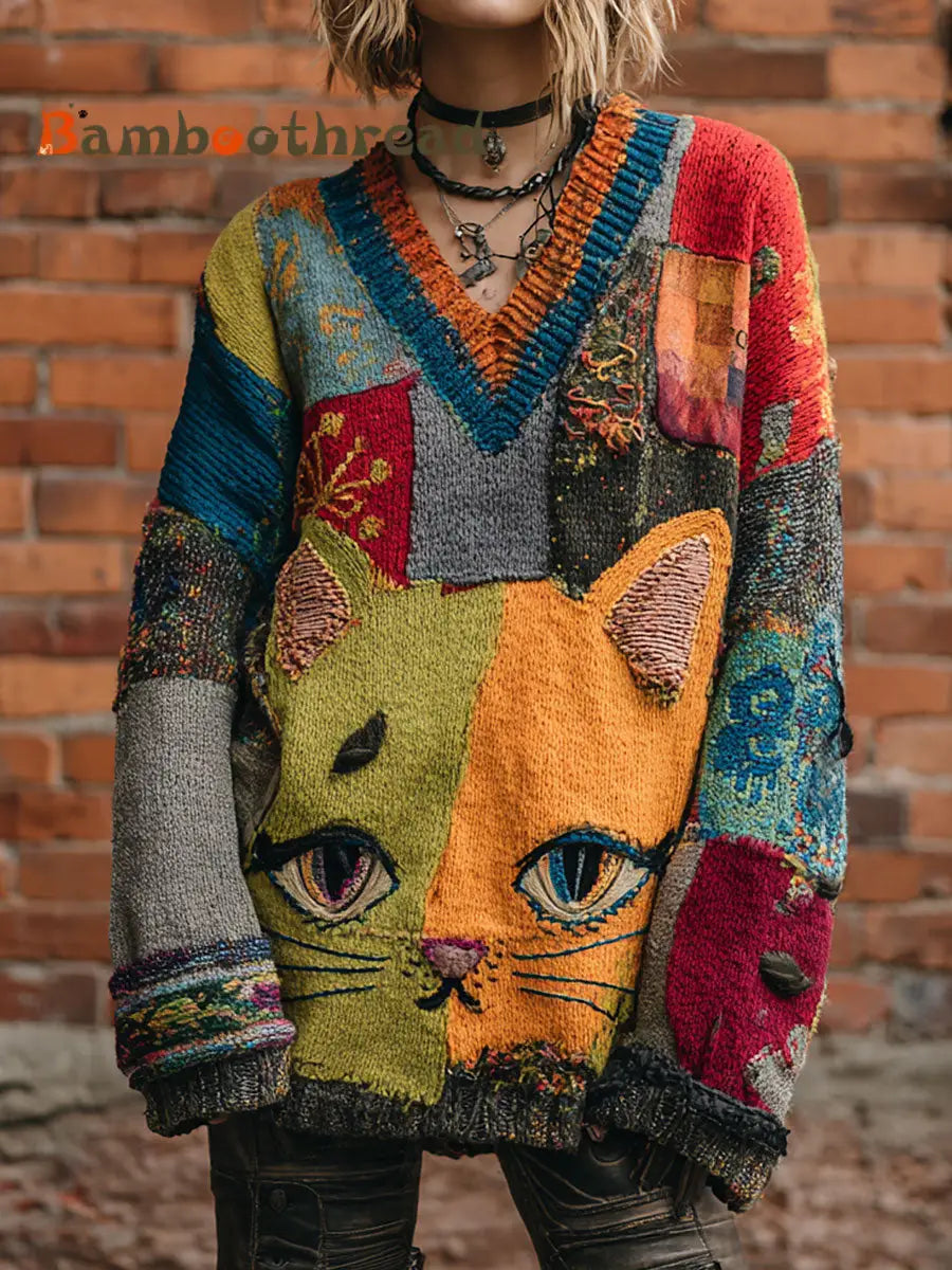 Women’s Art Cat Retro V-Neck Tops As picture / S