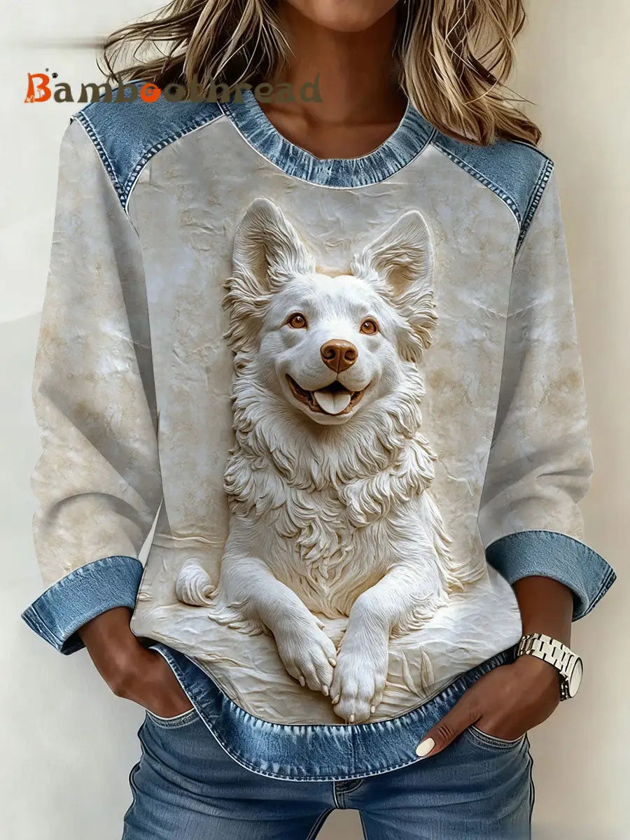 Women’s Art Dog Denim Patchwork Sweatshirt As picture / S