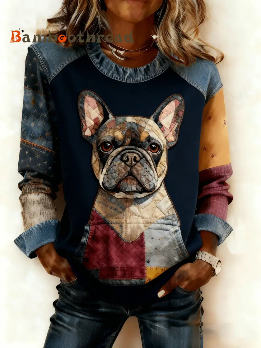 Women’s Art Dog Denim Patchwork Sweatshirt As picture / S
