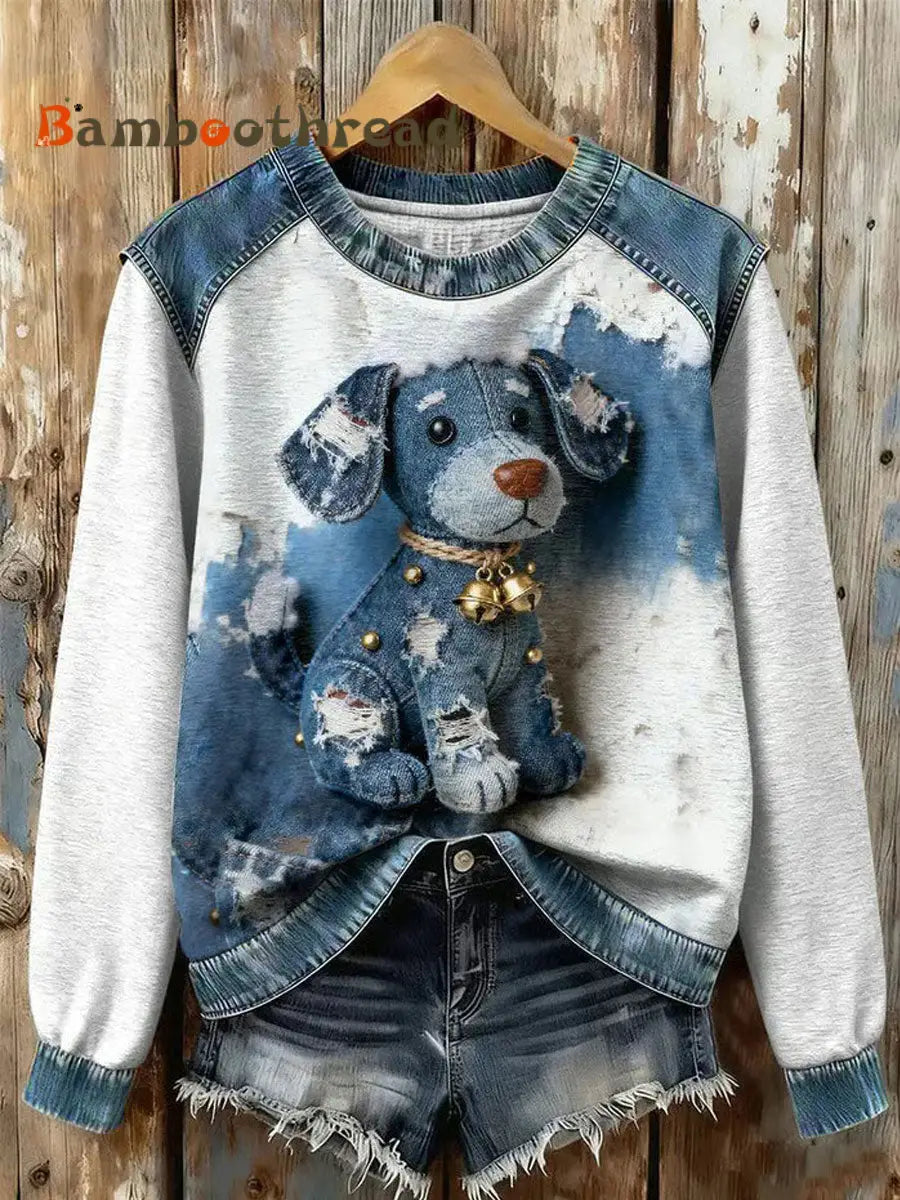 Women’s Art Dog Denim Patchwork Sweatshirt As picture / S