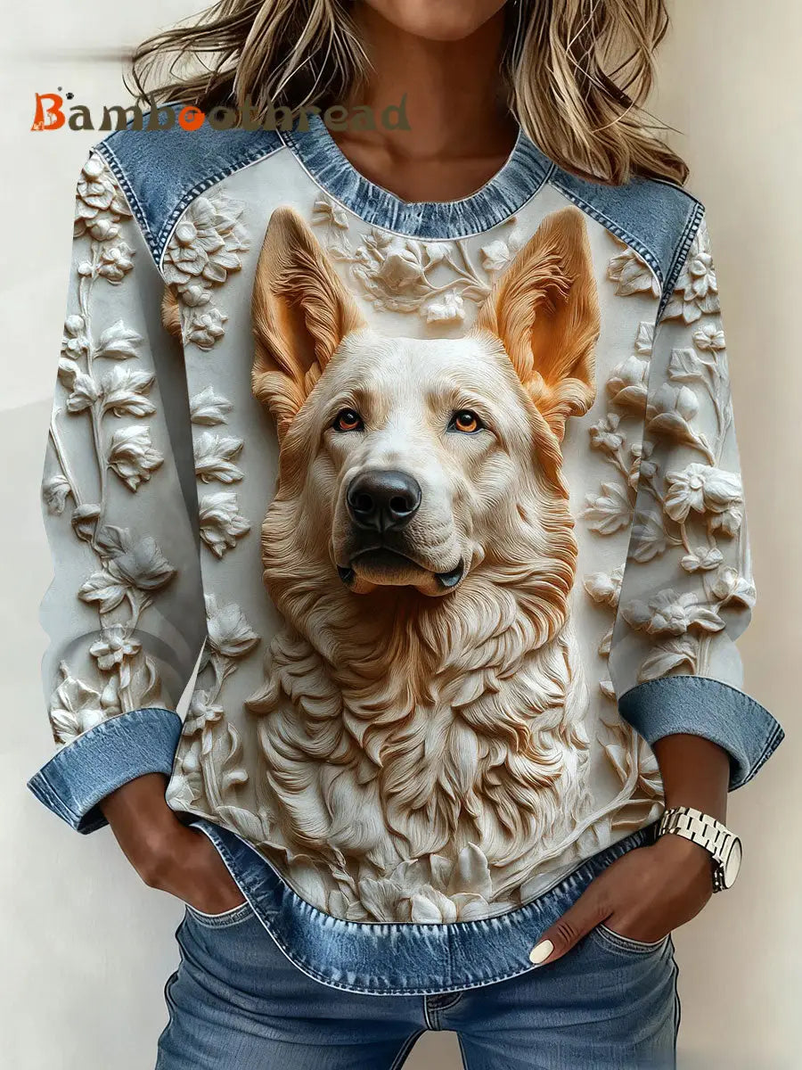 Women’s Art Dog Denim Patchwork Sweatshirt As picture / S