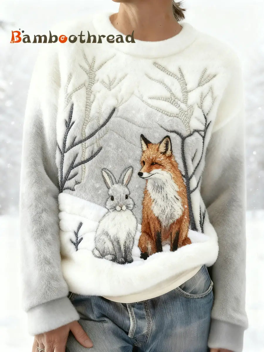 Women’s Best Partner Fox And Bunny Print Casual Flannel Sweatshirt Off-White / S