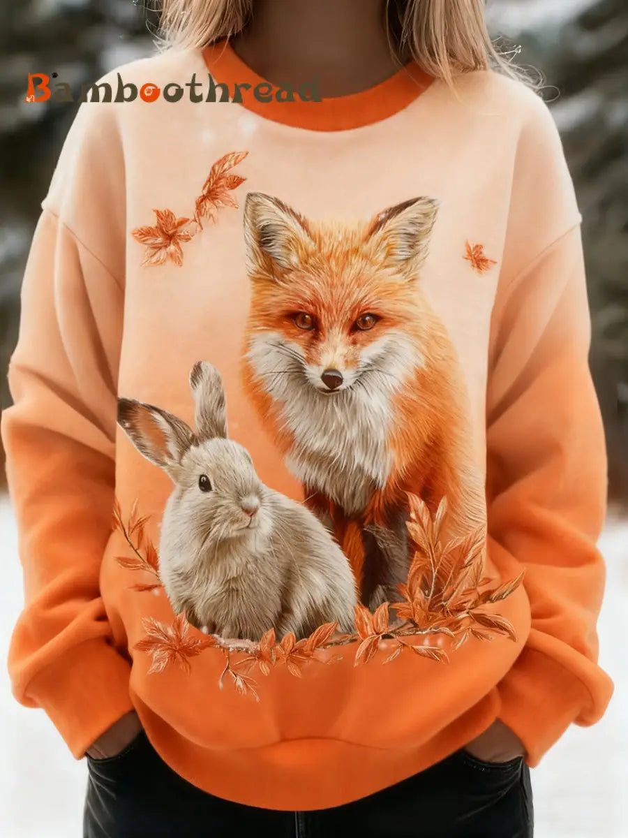 Women’s Best Partner Fox And Bunny Print Casual Flannel Sweatshirt Orange / S