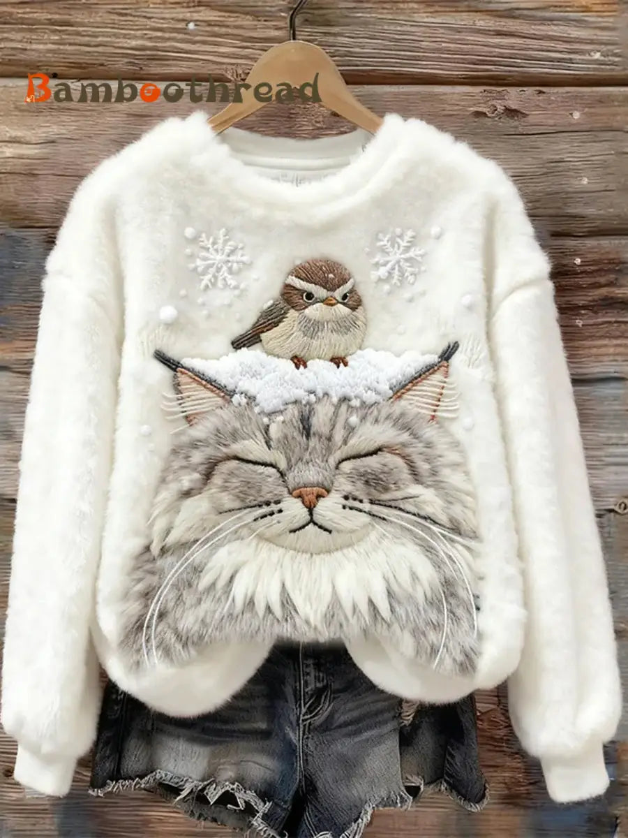 Women’s Bird & Cat In The Snow Cozy Flannel Hoodie White / S