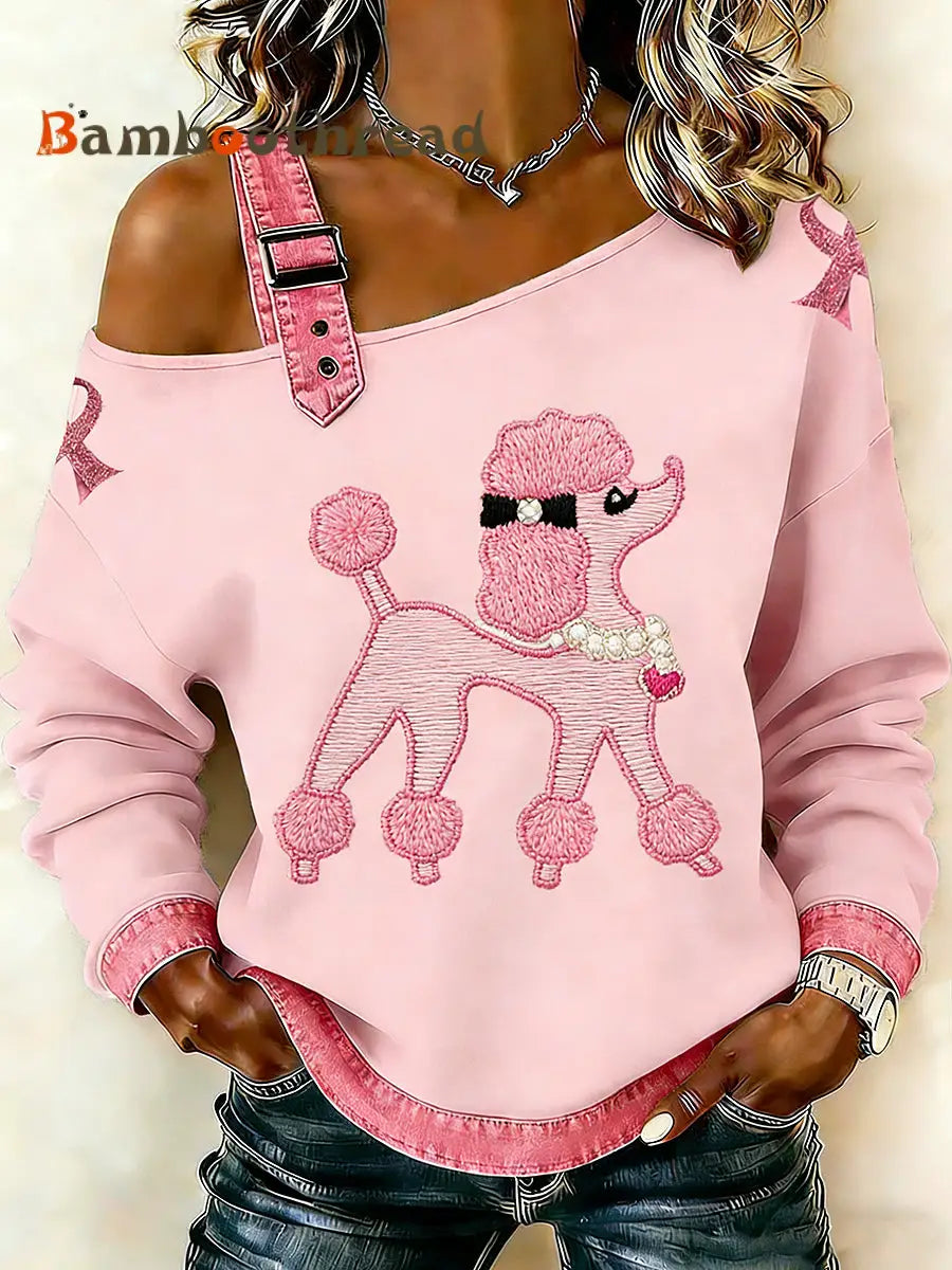 Women’s Breast Cancer Animal Poodle Printed One Shoulder Suspender Casual Sweater Pink / S