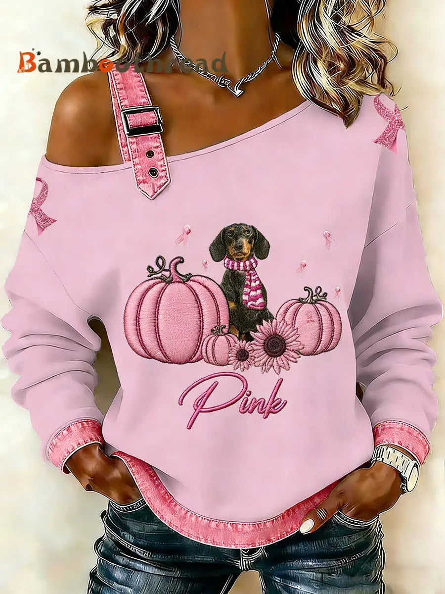 Women’s Breast Cancer Animal Printed One Shoulder Suspender Casual Sweater Pink / S