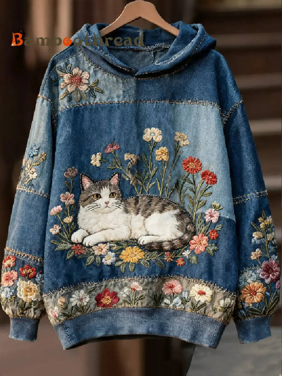 Women’s Casual Patchwork Cat Print Hoodie As picture / S