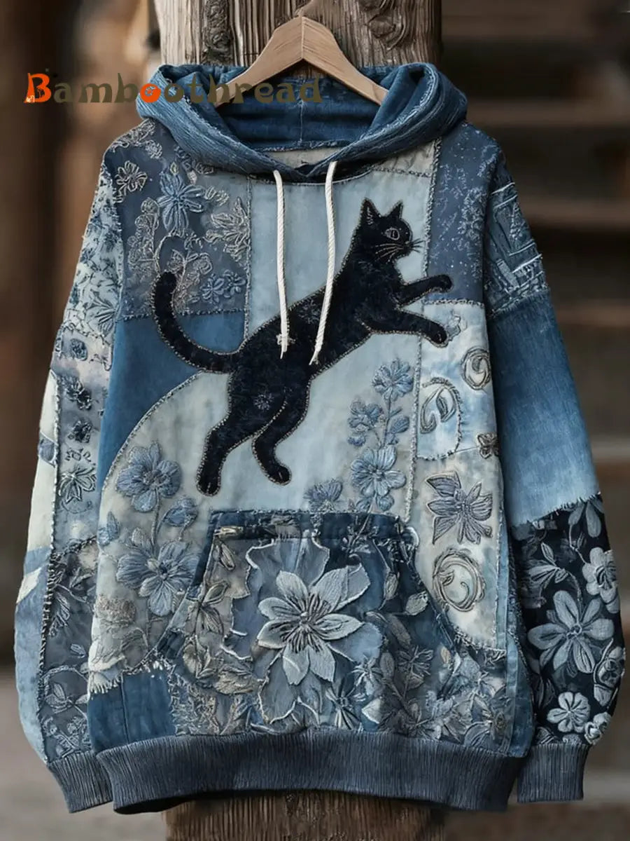 Women’s Casual Patchwork Cat Print Hoodie As picture / S