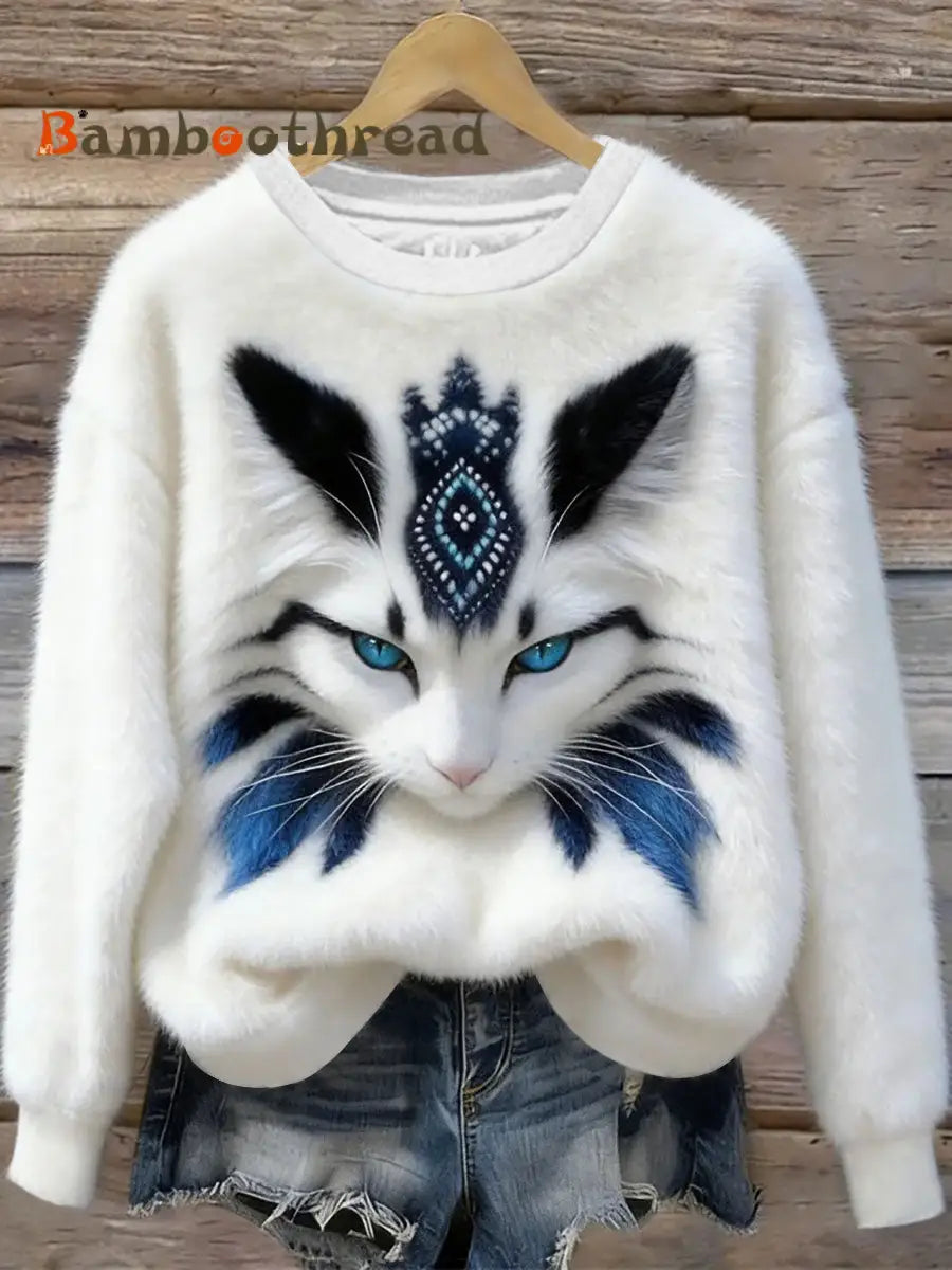 Women’s Cat Art Print Casual Sweatshirt White / S