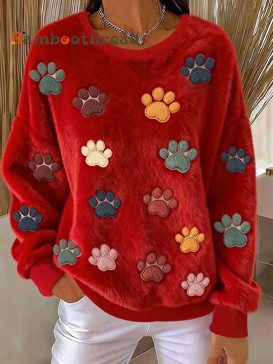 Women’s Cat Paw Printed Flannel Sweatshirt Red / S