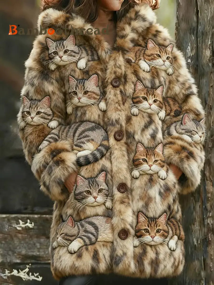 Women’s Cat Print Flannel Warm Jacket As picture / S